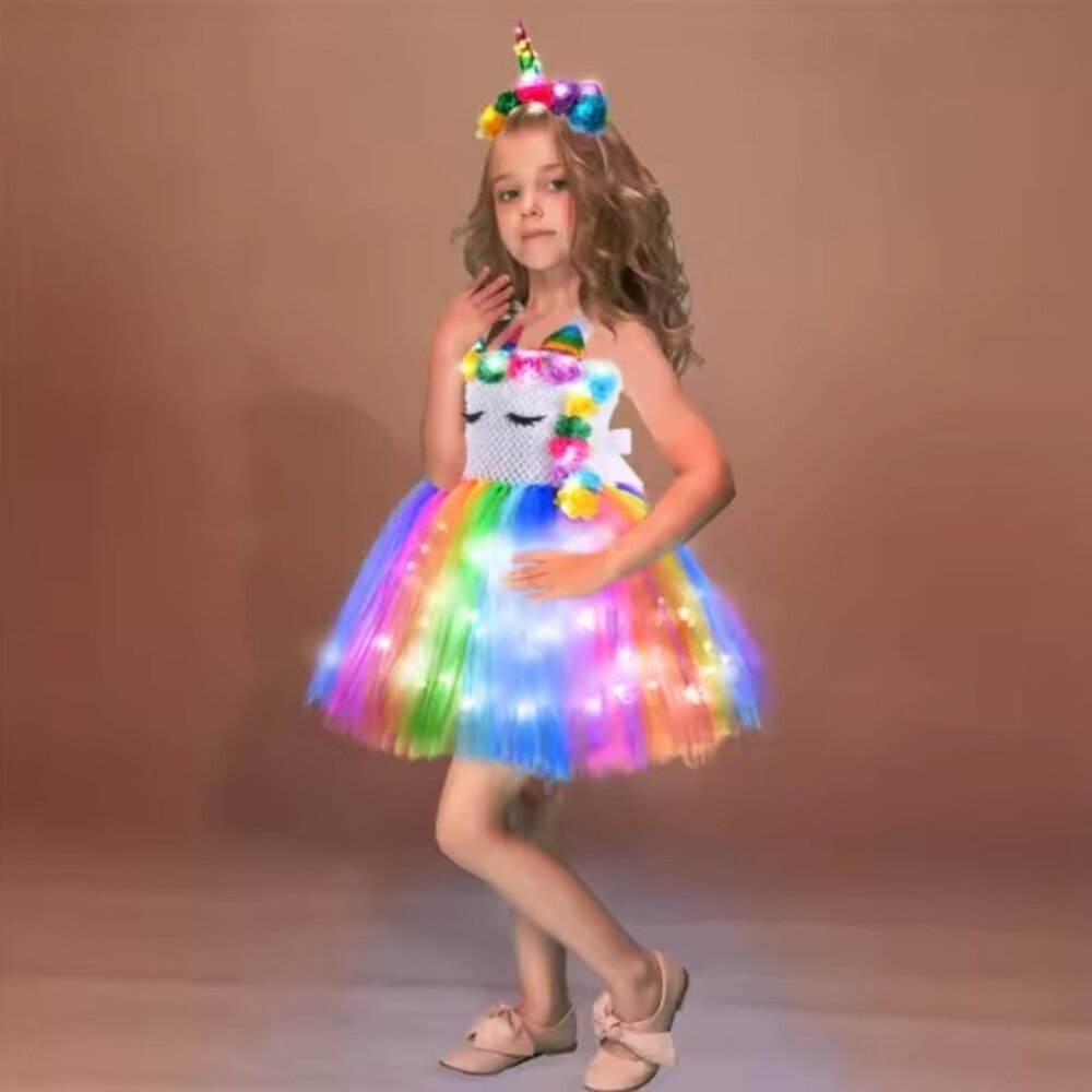 Child Unicorn Light Up Tutu Dress Rainbow Glow LED Crochet Tulle Cosplay Costume